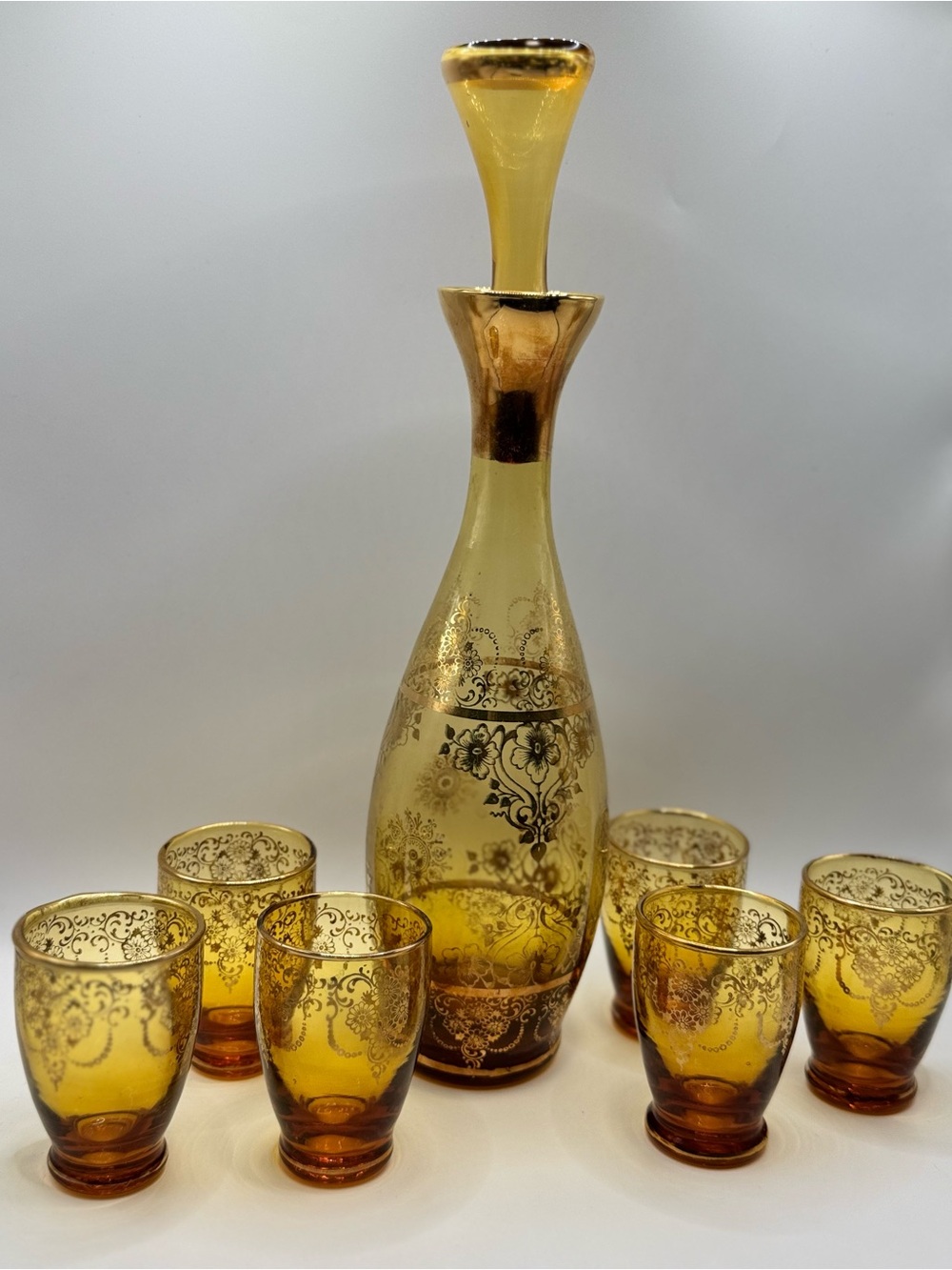 Vtg Laguna Murano Art Glass Decanter Set Amber/Gold Cordial Glasses 1920s Italy - Picture 2 of 11